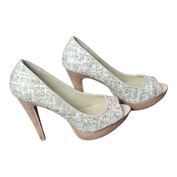 Levity Pumps Heels  Platform Ivory  Tan Ratan Peep Toe Woven NeutralSize‎ 7.5 - Picture 3 of 8